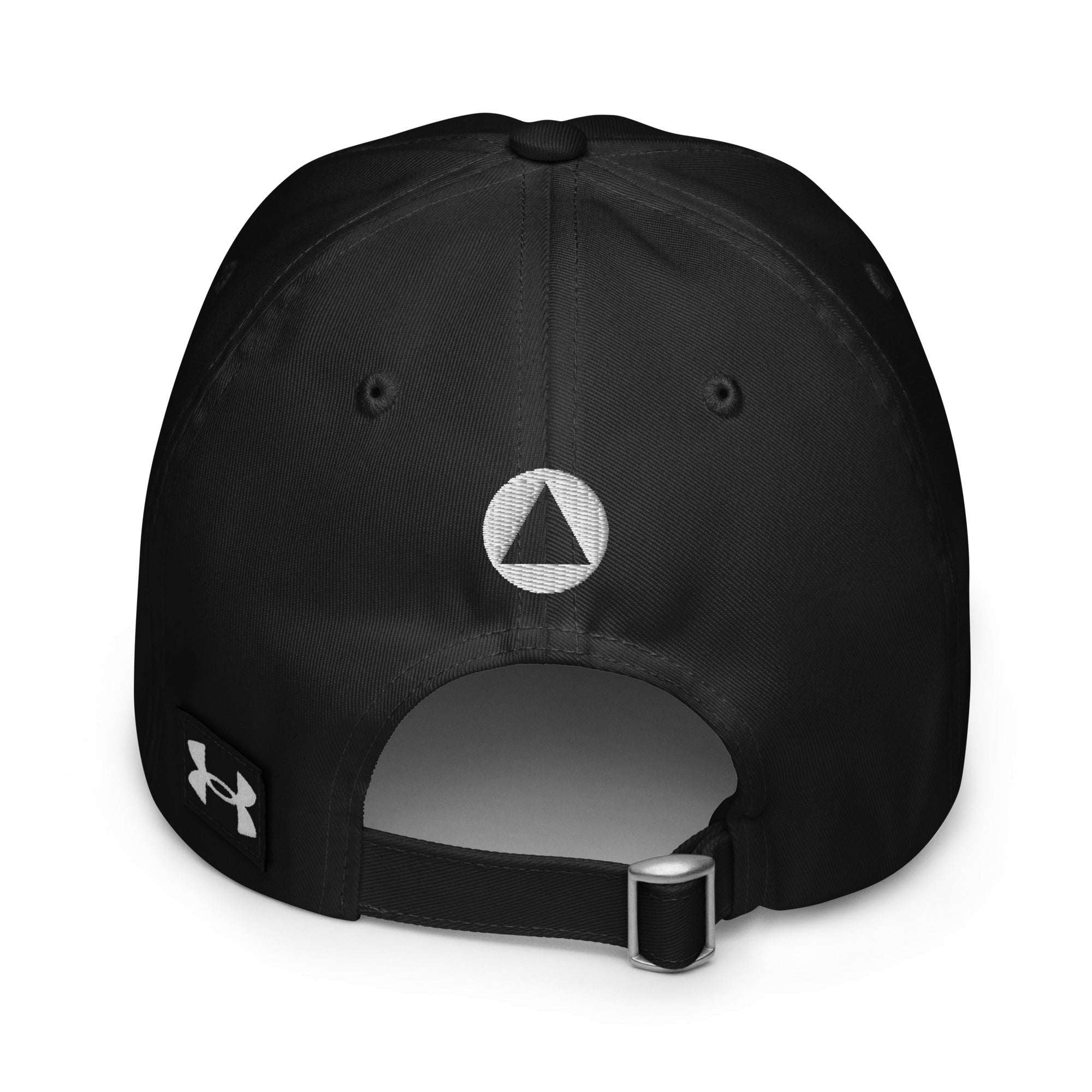 Back view of the black Under Armour x Form Fundamentals Stamp Cap featuring a small white circular Form Fundamentals emblem centred above an adjustable fabric strap with silver buckle, and a small Under Armour logo patch on the band.
