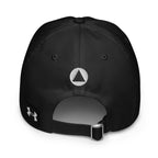 Back view of the black Under Armour® x Form Fundamentals Stamp Cap (No.16) featuring a small white circular Form Fundamentals emblem centred above an adjustable fabric strap with silver buckle, and a small Under Armour logo patch on the band.