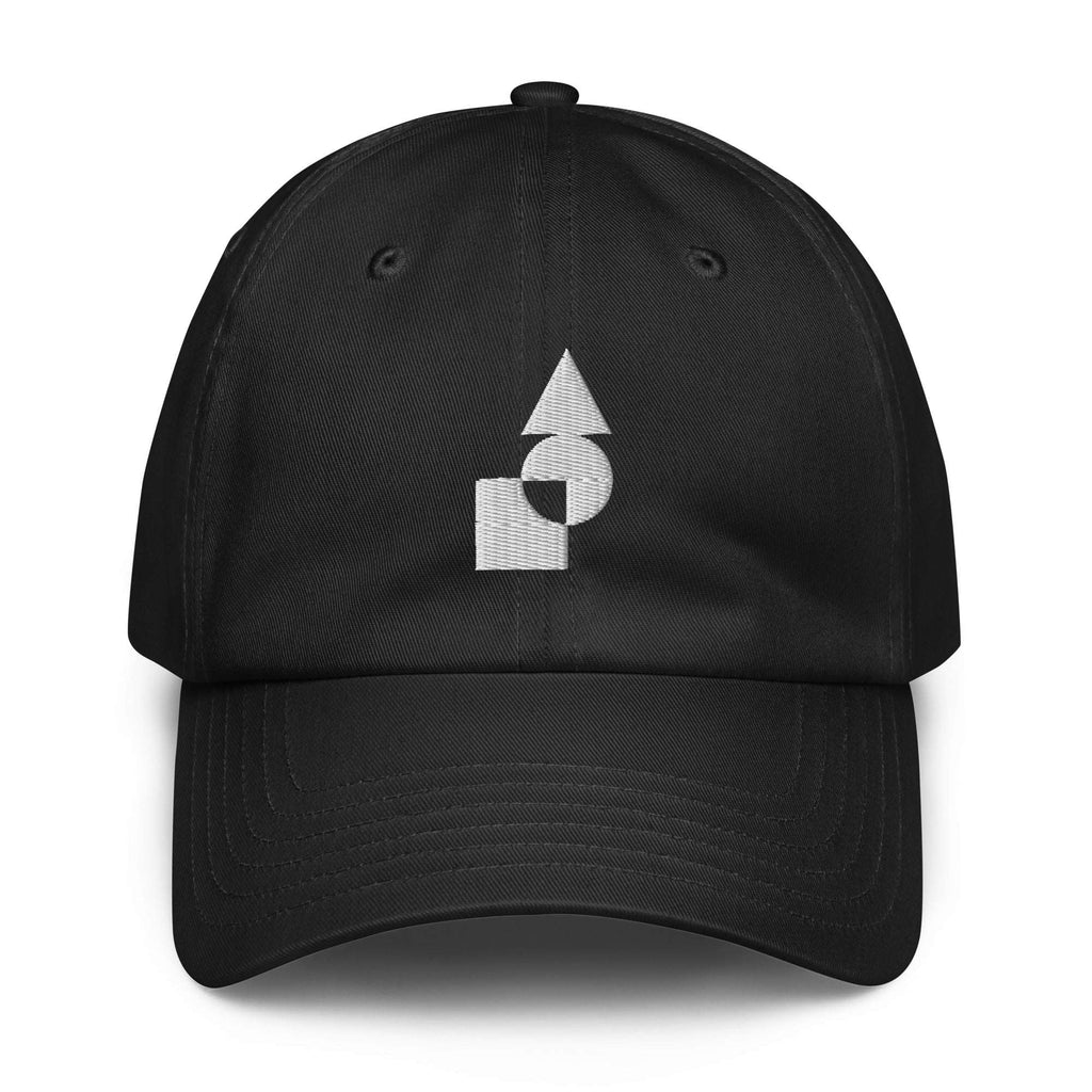 A crisp front view of the black Under Armour x Form Fundamentals Stamp Cap (No.02), showing its six‑panel construction, curved brim and the white geometric Form Fundamentals logo embroidered on the front.