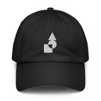 A crisp front view of the black Under Armour x Form Fundamentals Stamp Cap (No.02), showing its six‑panel construction, curved brim and the white geometric Form Fundamentals logo embroidered on the front.