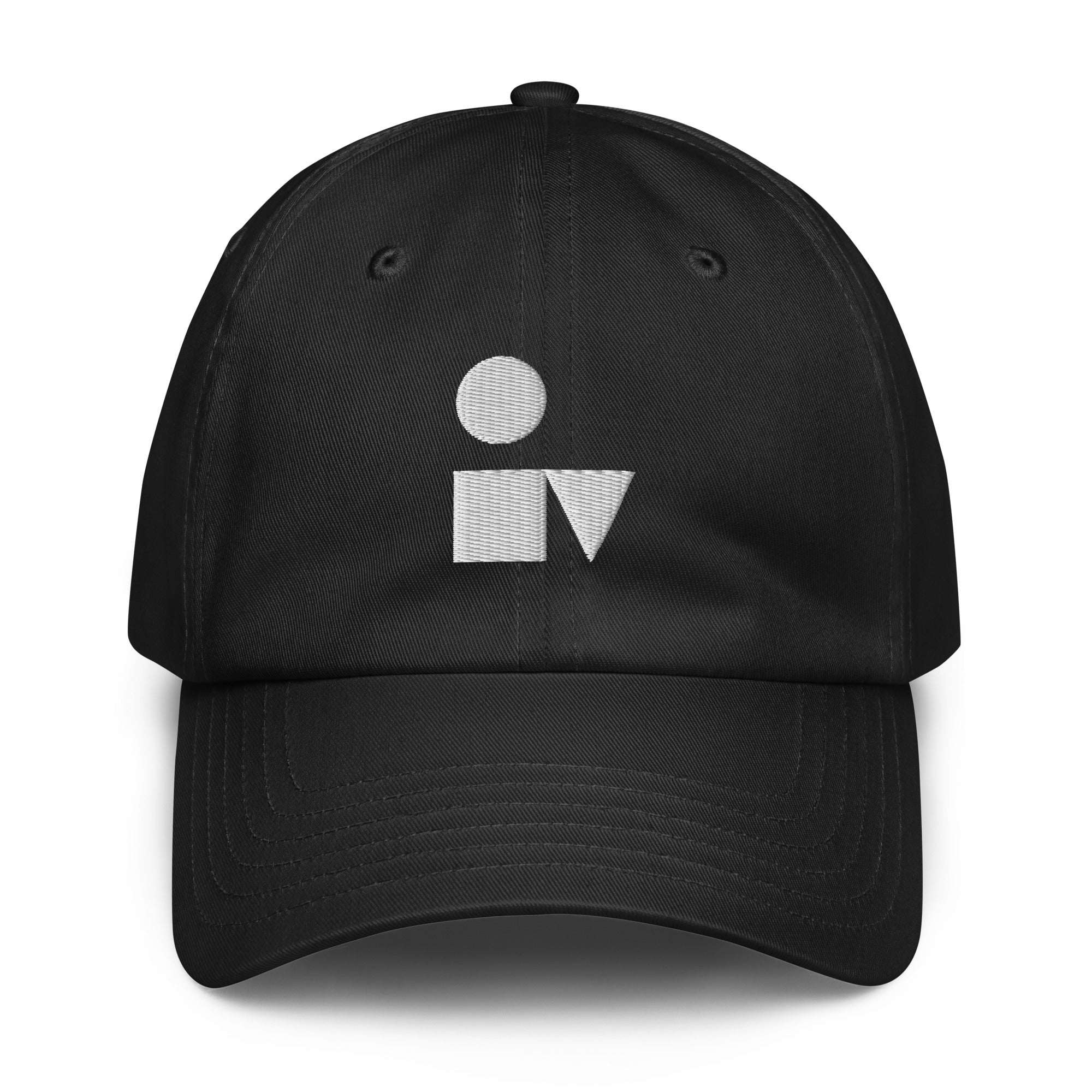 A crisp front view of the black Under Armour x Form Fundamentals Stamp Cap (No.06), showing its six‑panel construction, curved brim and the white geometric Form Fundamentals logo embroidered on the front.