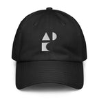 A crisp front view of the black Under Armour x Form Fundamentals Stamp Cap (No.08), showing its six‑panel construction, curved brim and the white geometric Form Fundamentals logo embroidered on the front.