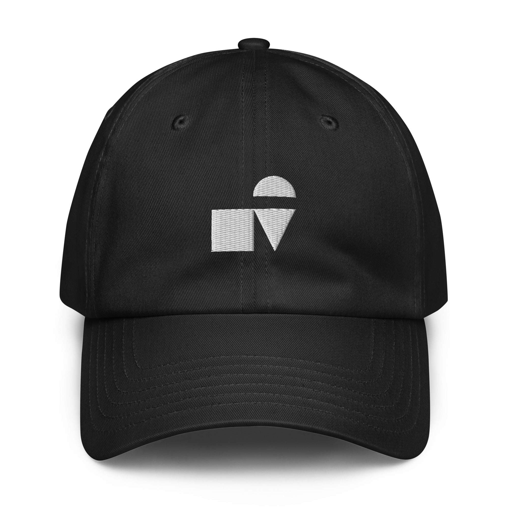 A crisp front view of the black Under Armour x Form Fundamentals Stamp Cap (No.10), showing its six‑panel construction, curved brim and the white geometric Form Fundamentals logo embroidered on the front.