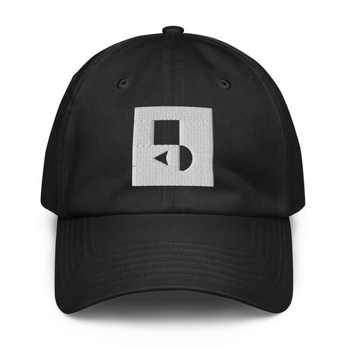 A crisp front view of the black Under Armour x Form Fundamentals Stamp Cap (No.12), showing its six‑panel construction, curved brim and the white geometric Form Fundamentals logo embroidered on the front.