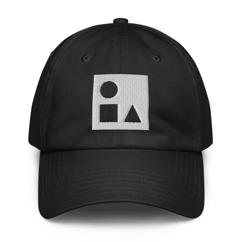 A crisp front view of the black Under Armour x Form Fundamentals Stamp Cap (No.14), showing its six‑panel construction, curved brim and the white geometric Form Fundamentals logo embroidered on the front.