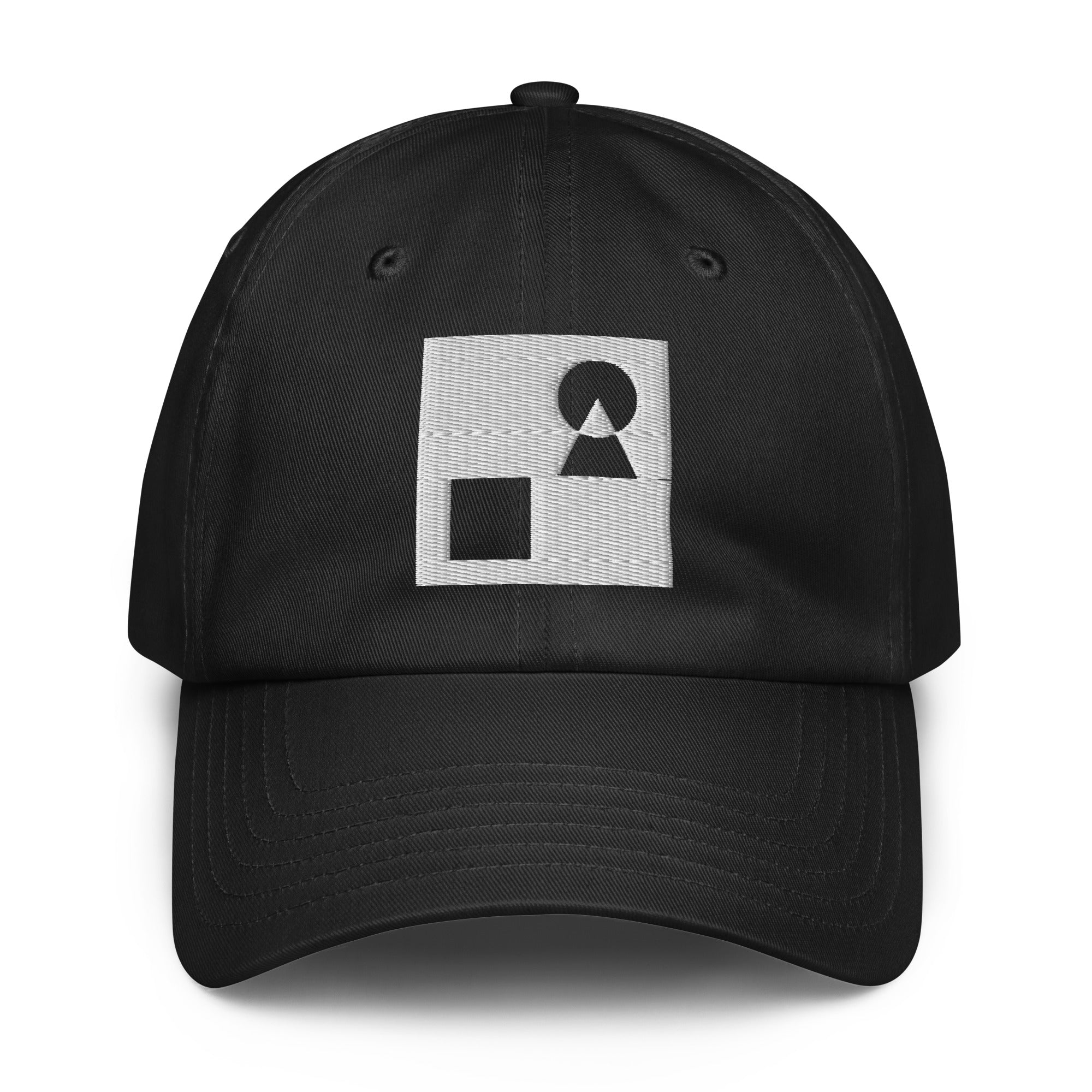 A crisp front view of the black Under Armour x Form Fundamentals Stamp Cap (No.16), showing its six‑panel construction, curved brim and the white geometric Form Fundamentals logo embroidered on the front.