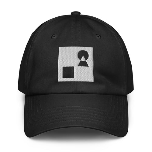 A crisp front view of the black Under Armour x Form Fundamentals Stamp Cap (No.16), showing its six‑panel construction, curved brim and the white geometric Form Fundamentals logo embroidered on the front.