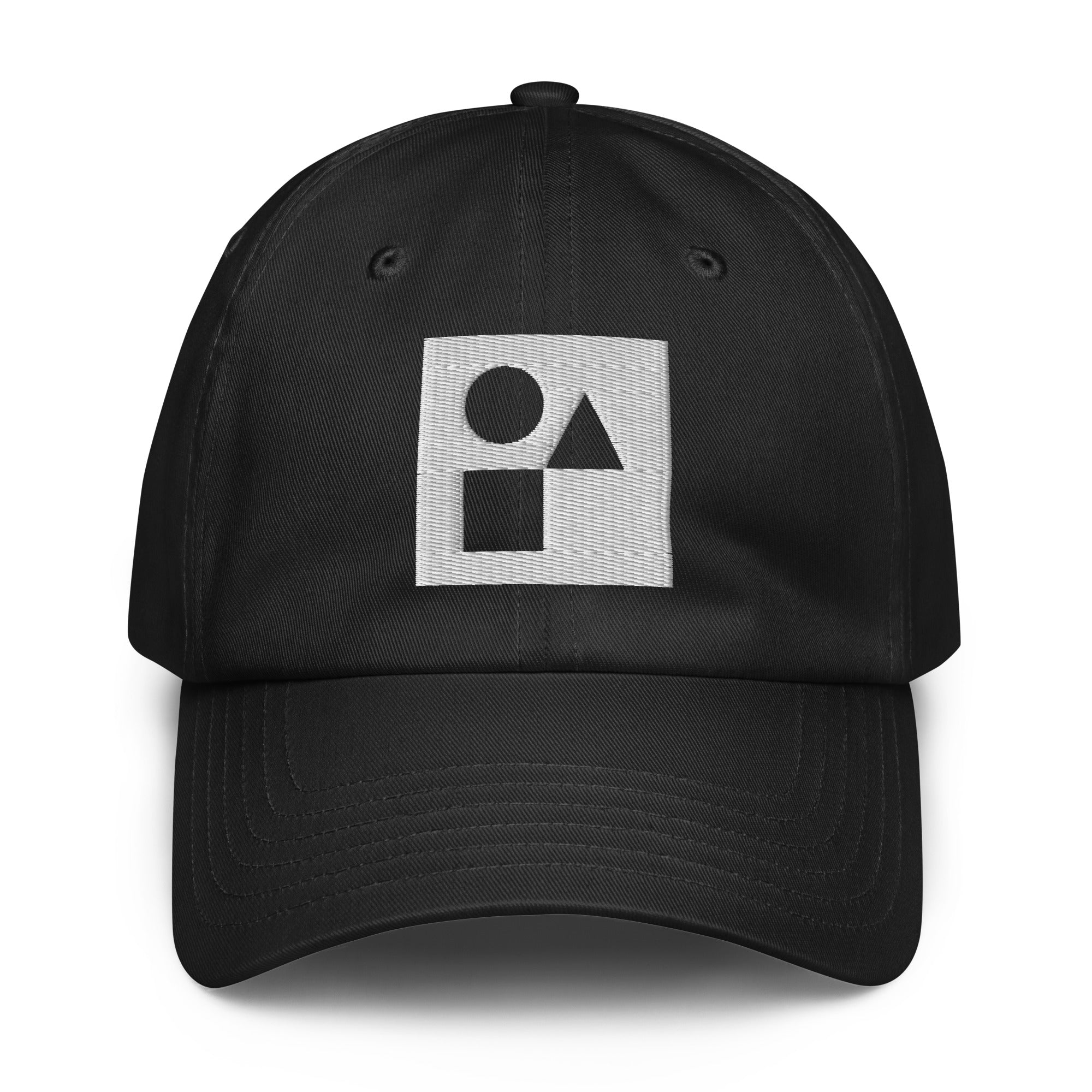 A crisp front view of the black Under Armour x Form Fundamentals Stamp Cap (No.20), showing its six‑panel construction, curved brim and the white geometric Form Fundamentals logo embroidered on the front.