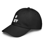 Three‑quarter side view of the black Under Armour x Form Fundamentals Stamp Cap (No.06), highlighting the curved pre‑curved brim, clean six‑panel crown and white geometric Form Fundamentals emblem on the front panel.