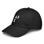 Three‑quarter side view of the black Under Armour x Form Fundamentals Stamp Cap (No.08), highlighting the curved pre‑curved brim, clean six‑panel crown and white geometric Form Fundamentals emblem on the front panel.