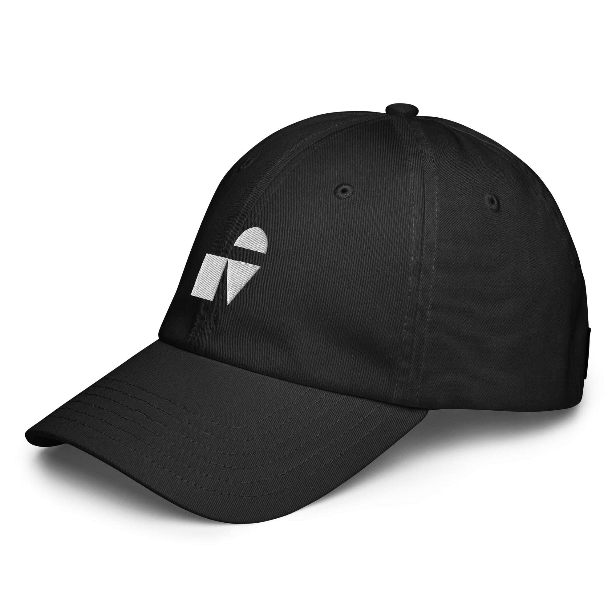 Three‑quarter side view of the black Under Armour x Form Fundamentals Stamp Cap (No.10), highlighting the curved pre‑curved brim, clean six‑panel crown and white geometric Form Fundamentals emblem on the front panel.