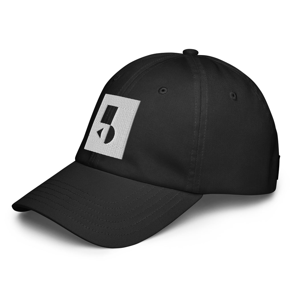 Three‑quarter side view of the black Under Armour x Form Fundamentals Stamp Cap (No.12), highlighting the curved pre‑curved brim, clean six‑panel crown and white geometric Form Fundamentals emblem on the front panel.