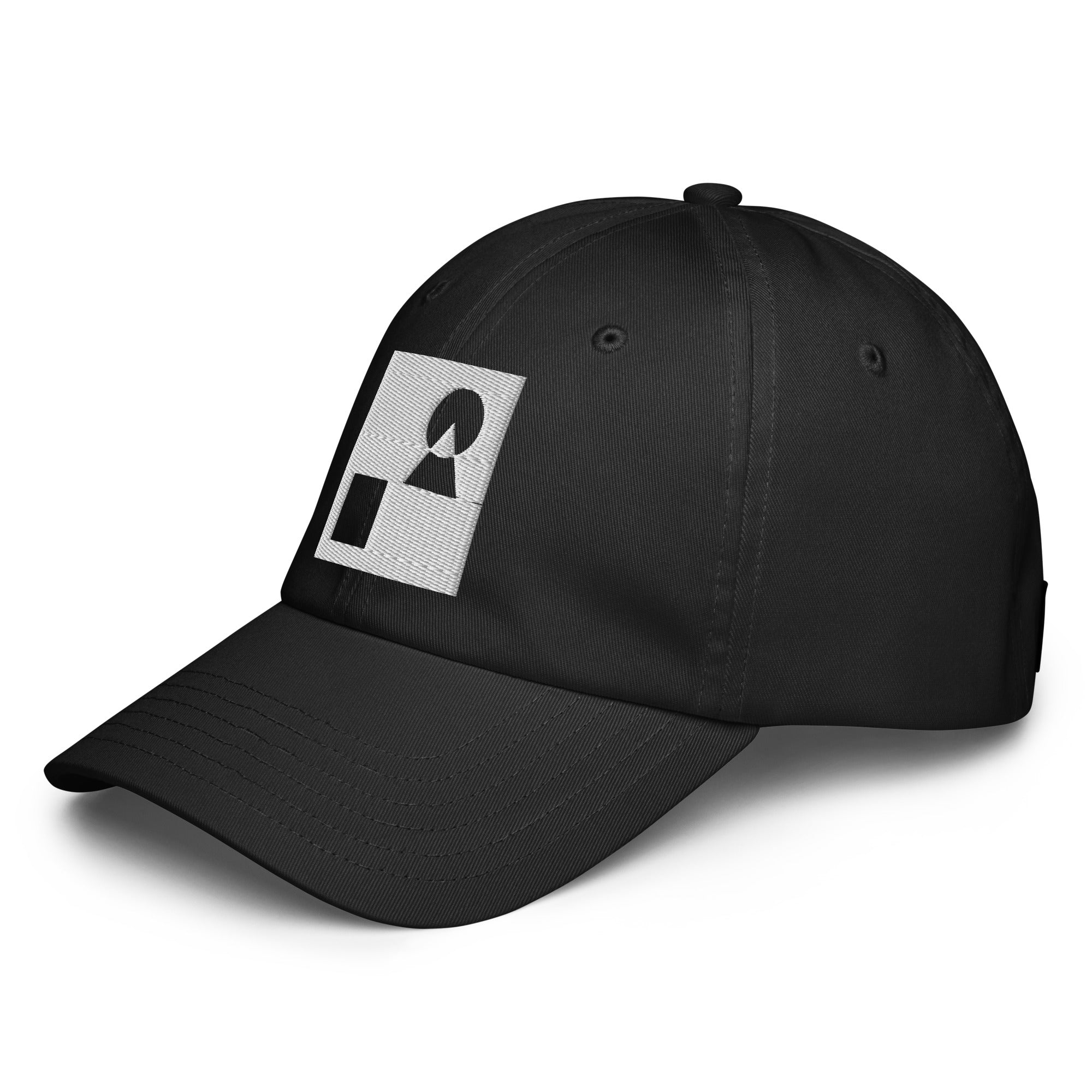 Three‑quarter side view of the black Under Armour x Form Fundamentals Stamp Cap (No.16), highlighting the curved pre‑curved brim, clean six‑panel crown and white geometric Form Fundamentals emblem on the front panel.
