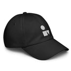 Detailed close‑up of the black Under Armour x Form Fundamentals Stamp Cap (No.06), focusing on the fine fabric texture, stitched seams and partial white Form Fundamentals logo on the side of the structured crown.