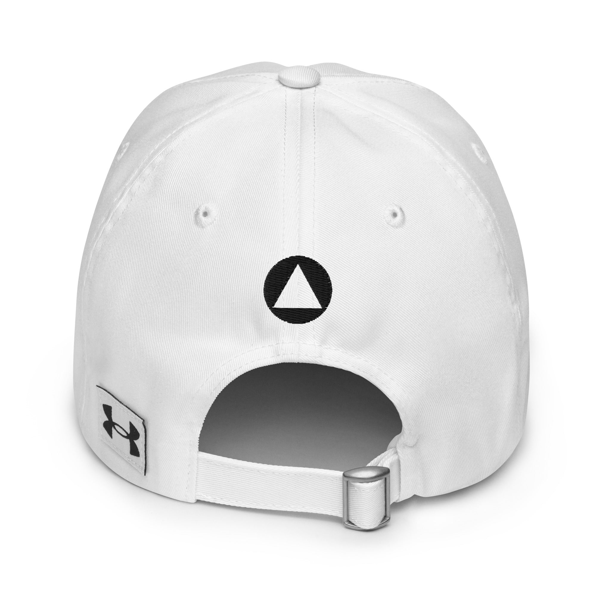 Back view of the white Under Armour® x Form Fundamentals Stamp Cap (No.05) featuring a small black circular Form Fundamentals emblem centred above an adjustable fabric strap with silver buckle, and a small Under Armour logo patch on the band.