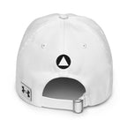 Back view of the white Under Armour® x Form Fundamentals Stamp Cap (No.19) featuring a small black circular Form Fundamentals emblem centred above an adjustable fabric strap with silver buckle, and a small Under Armour logo patch on the band.