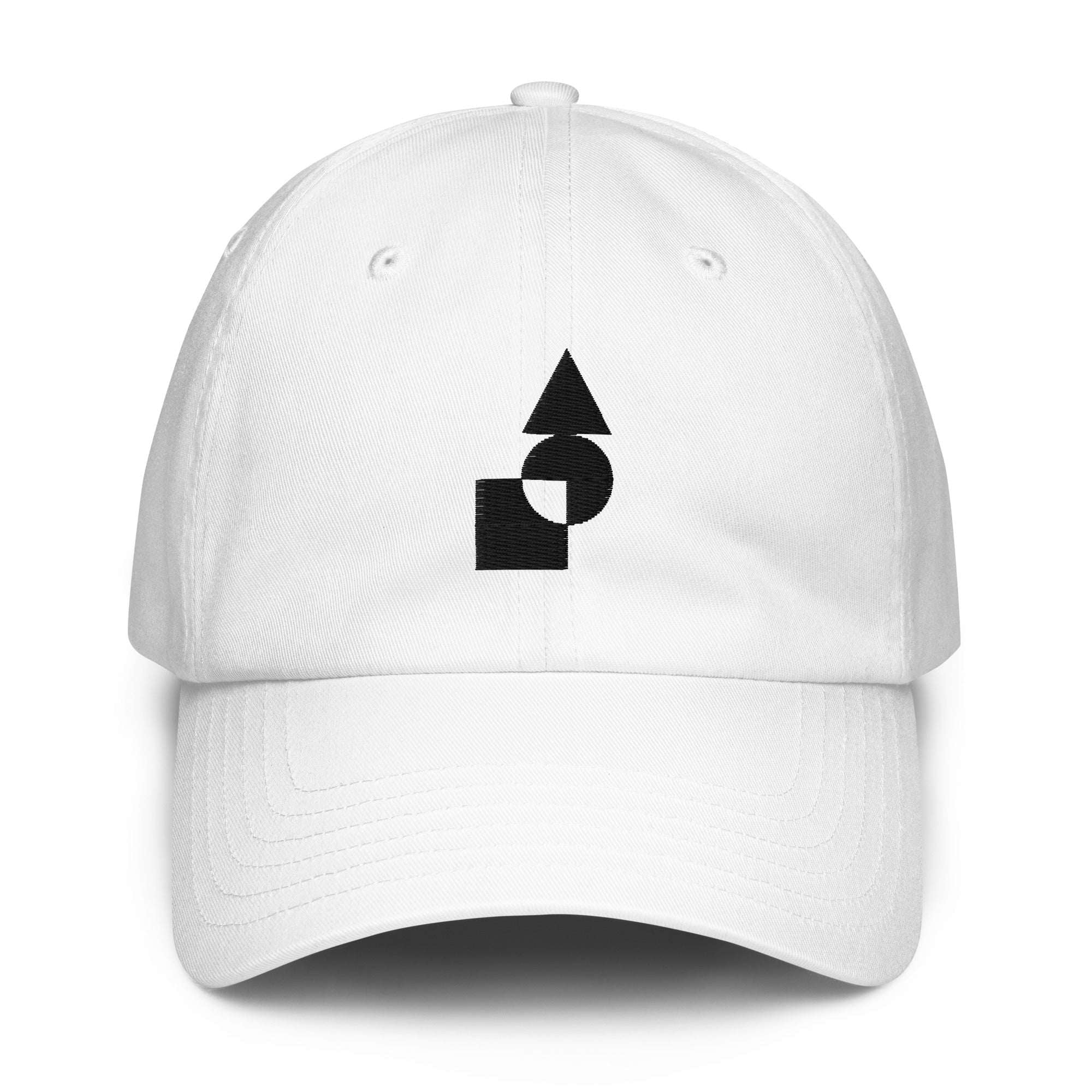 A crisp front view of the white Under Armour x Form Fundamentals Stamp Cap, showing its six‑panel construction, curved brim and the black geometric Form Fundamentals logo embroidered on the front.