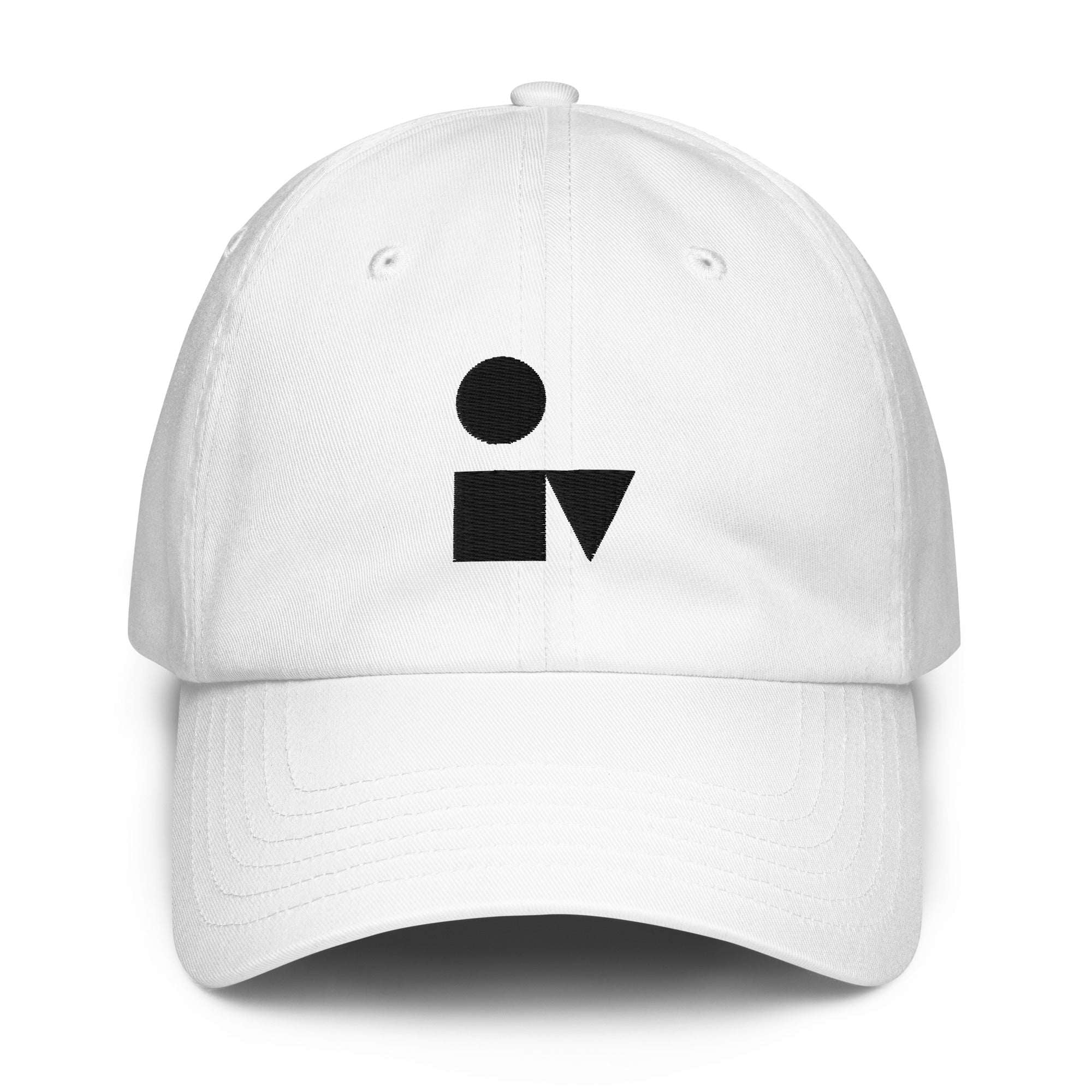 A crisp front view of the white Under Armour x Form Fundamentals Stamp Cap (No.05), showing its six‑panel construction, curved brim and the black geometric Form Fundamentals logo embroidered on the front.