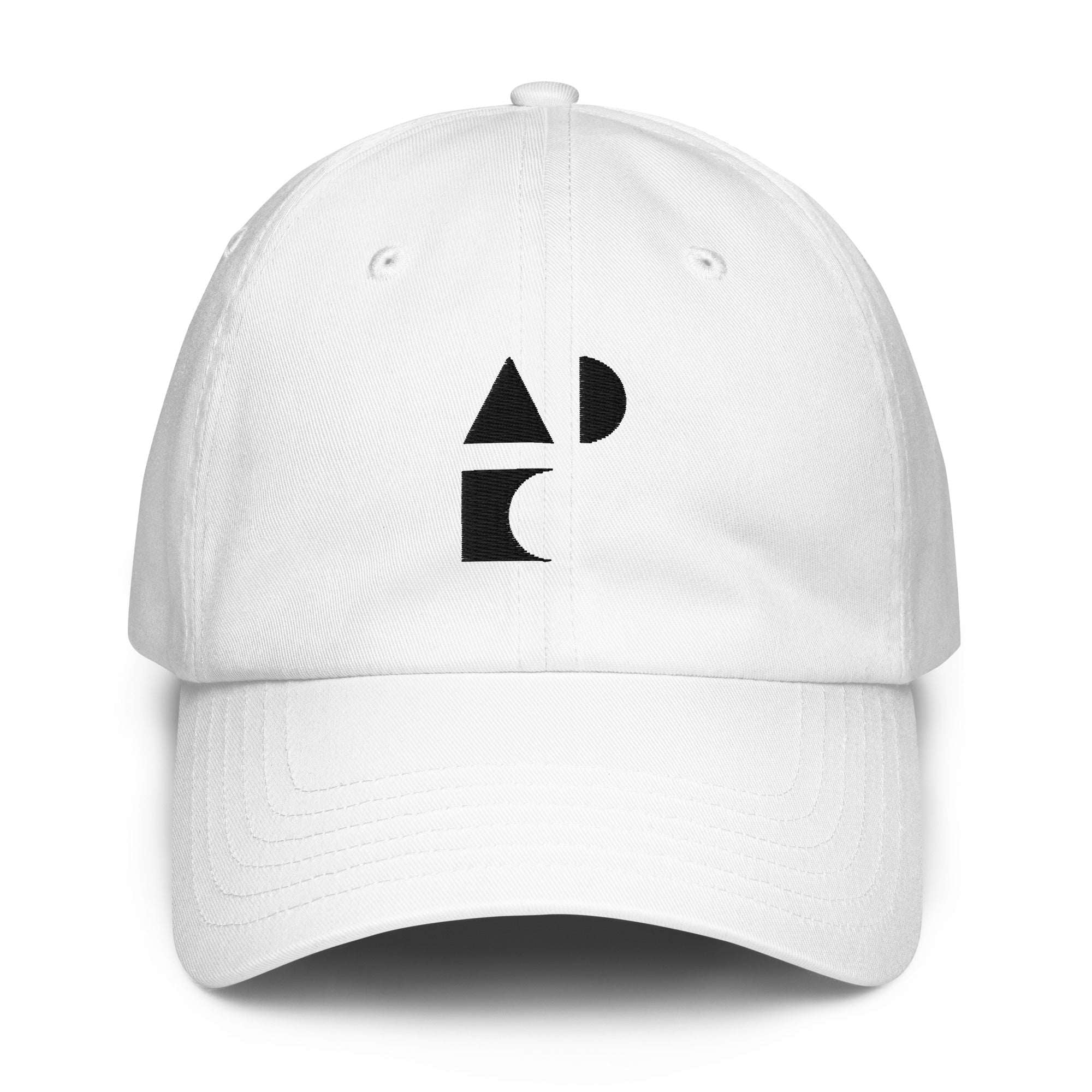 A crisp front view of the white Under Armour x Form Fundamentals Stamp Cap (No.07), showing its six‑panel construction, curved brim and the black geometric Form Fundamentals logo embroidered on the front.
