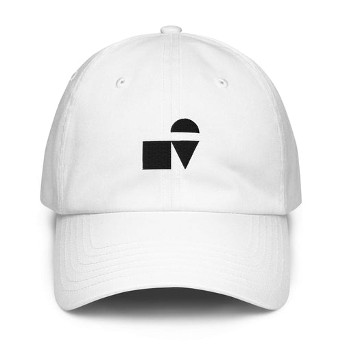 A crisp front view of the white Under Armour x Form Fundamentals Stamp Cap (No.09), showing its six‑panel construction, curved brim and the black geometric Form Fundamentals logo embroidered on the front.