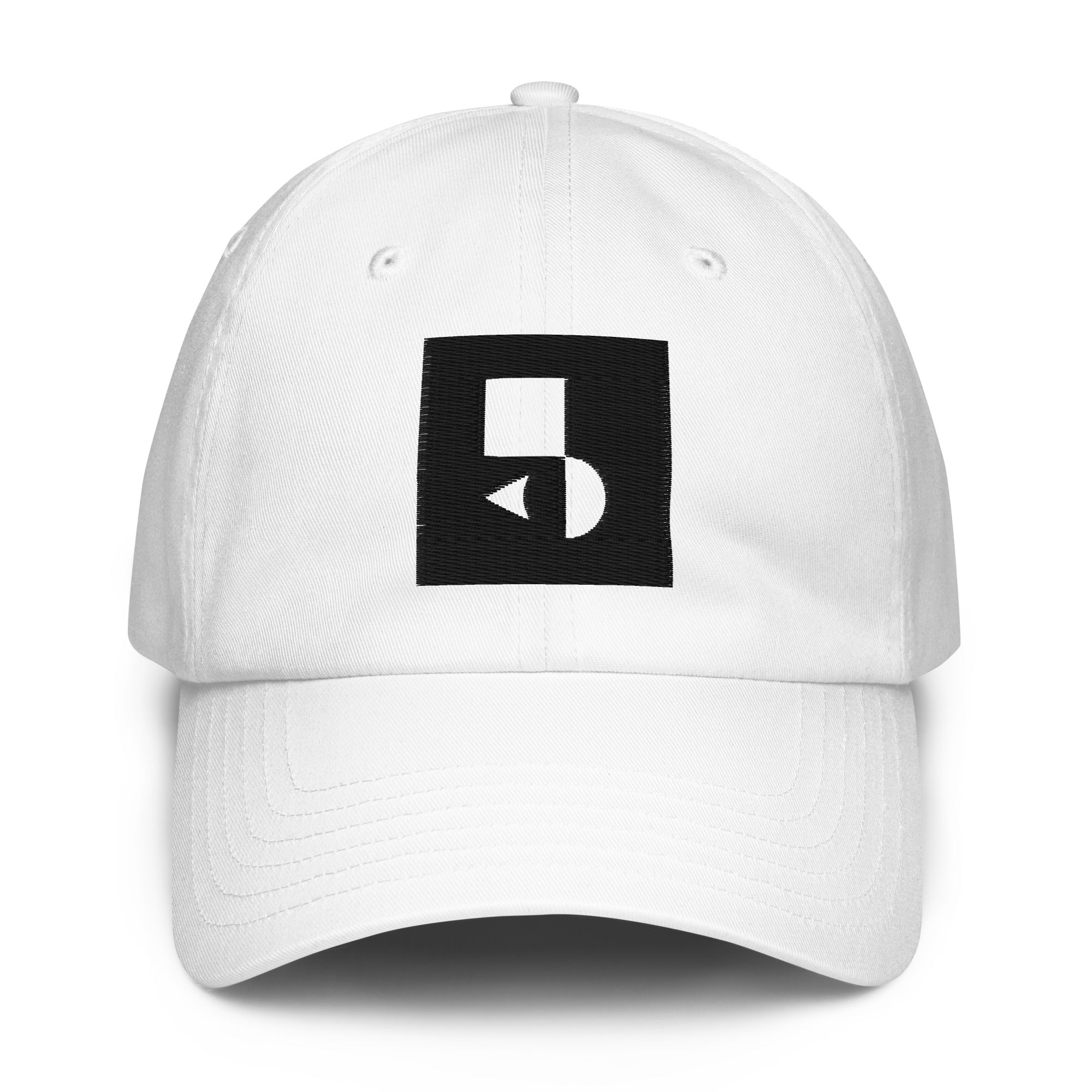 A crisp front view of the white Under Armour x Form Fundamentals Stamp Cap (No.11), showing its six‑panel construction, curved brim and the black geometric Form Fundamentals logo embroidered on the front.