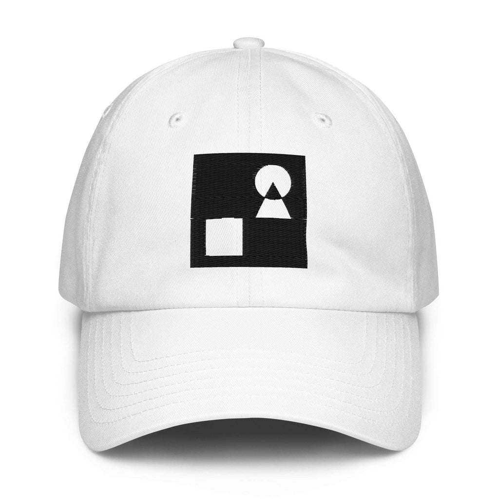 A crisp front view of the white Under Armour x Form Fundamentals Stamp Cap (No.15), showing its six‑panel construction, curved brim and the black geometric Form Fundamentals logo embroidered on the front.
