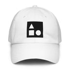 A crisp front view of the white Under Armour x Form Fundamentals Stamp Cap (No.17), showing its six‑panel construction, curved brim and the black geometric Form Fundamentals logo embroidered on the front.