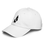 Three‑quarter side view of the white Under Armour x Form Fundamentals Stamp Cap, highlighting the curved pre‑curved brim, clean six‑panel crown and black geometric Form Fundamentals emblem on the front panel.