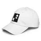 Three‑quarter side view of the black Under Armour x Form Fundamentals Stamp Cap (No.15), highlighting the curved pre‑curved brim, clean six‑panel crown and black geometric Form Fundamentals emblem on the front panel.