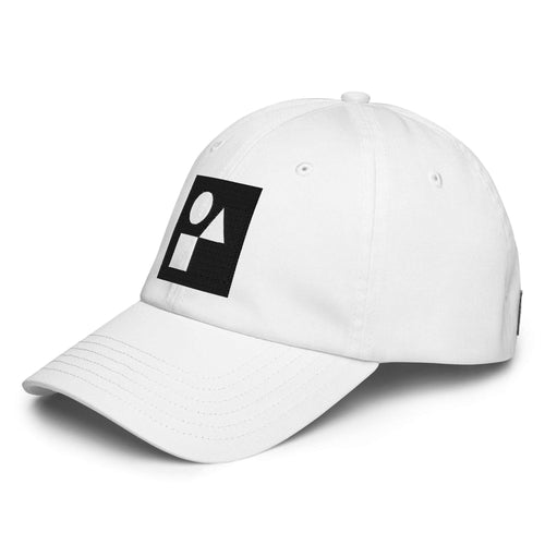 Three‑quarter side view of the black Under Armour x Form Fundamentals Stamp Cap (No.19), highlighting the curved pre‑curved brim, clean six‑panel crown and black geometric Form Fundamentals emblem on the front panel.