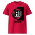 Form Finding Design Women’s FFD Status Tee No.05 in red, front studio mockup on white—bold black-and-white FFD iconography chest graphic.